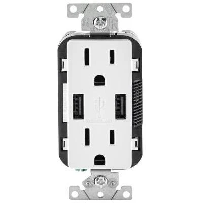 Leviton Decora 3.6A 5V White 2-Port USB Charging Outlet with 5-15R Tamper Resistant Duplex Outlet