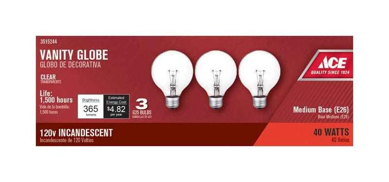 Ace 40 watts G25 Incandescent Light Bulb 365 lumens White (Clear) Globe 3 pk