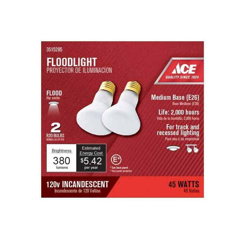 Ace 45 watts R20 Incandescent Light Bulb 380 lumens Frosted Floodlight 2 pk