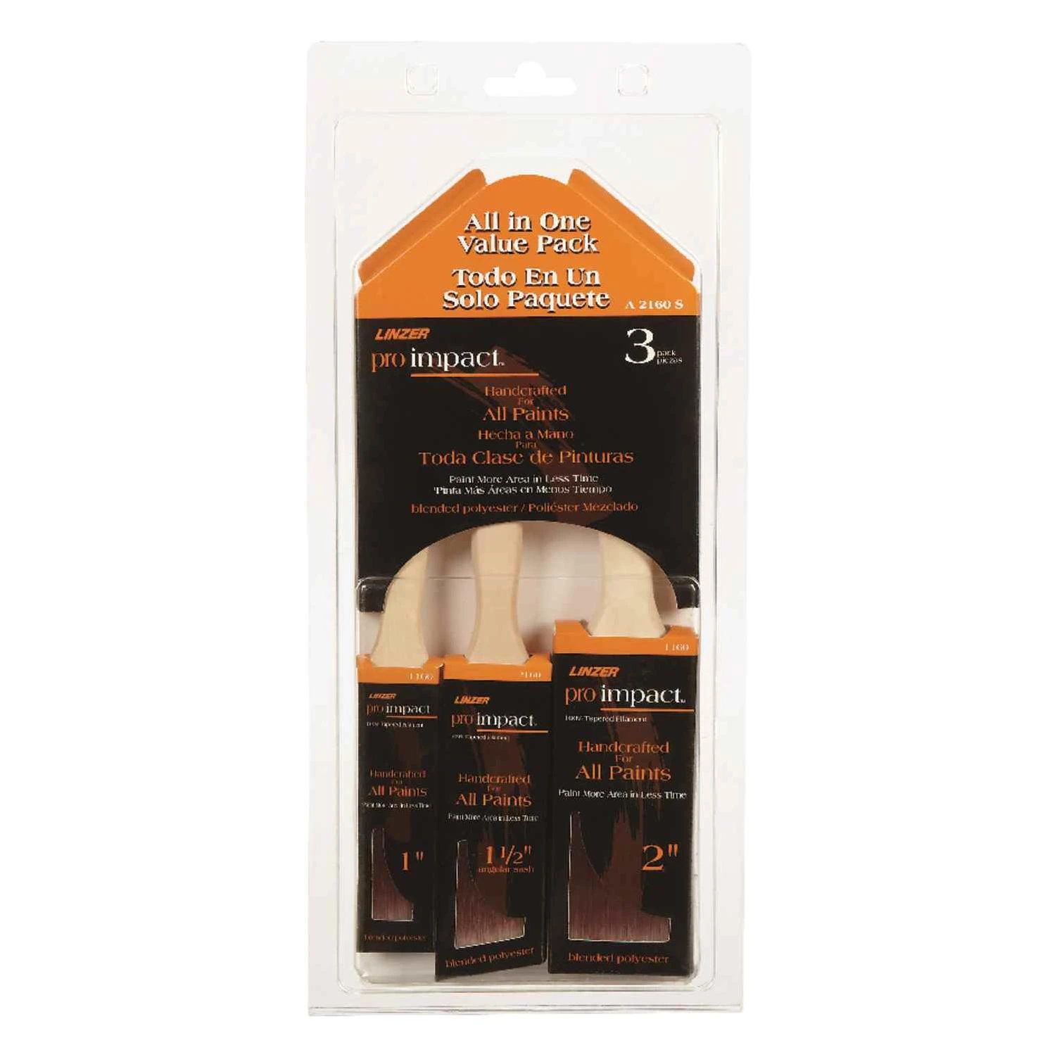 Linzer Pro Impact 1, 1-1/2 and 2 in. W Flat Polyester Paint Brush Set