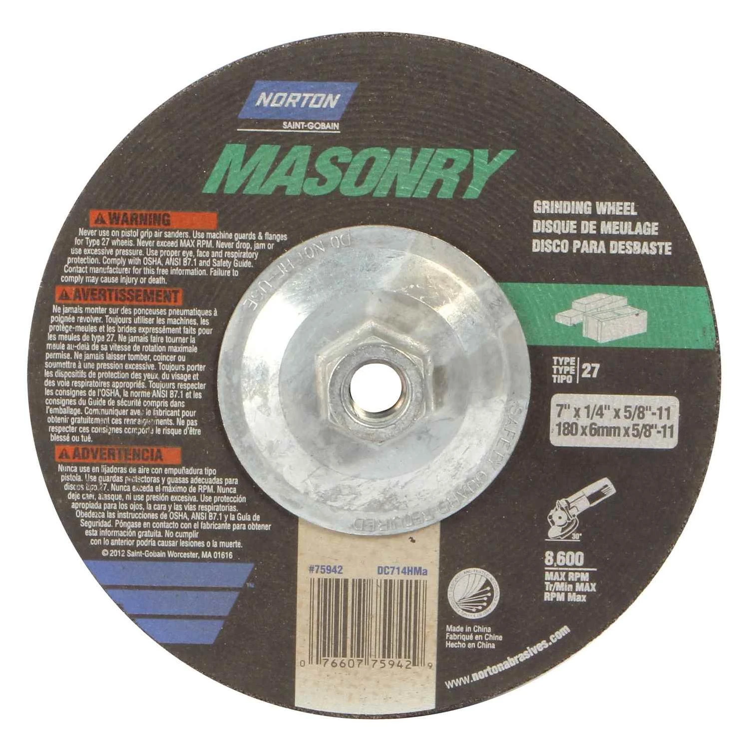 Norton 7 in. Dia. x 1/4 in. thick x 5/8 in. Silicon Carbide Grinding Wheel 8600 rpm 1 pc.