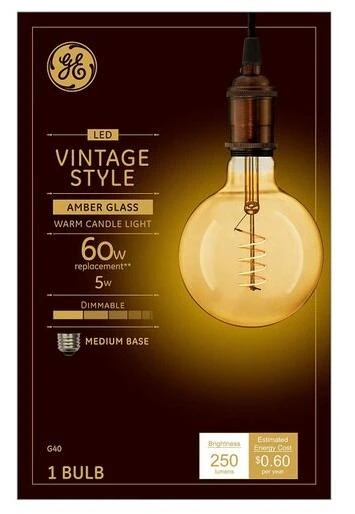 G40 LED Vintage Style Light Bulb, Warm White Amber Glass, 250 Lumens, 5 Watt