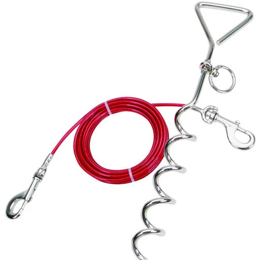 Petlinks System Red Spiral Stake With Cable Dog Tie Out, For Dogs Up to 50 LBs, 15' L, Medium