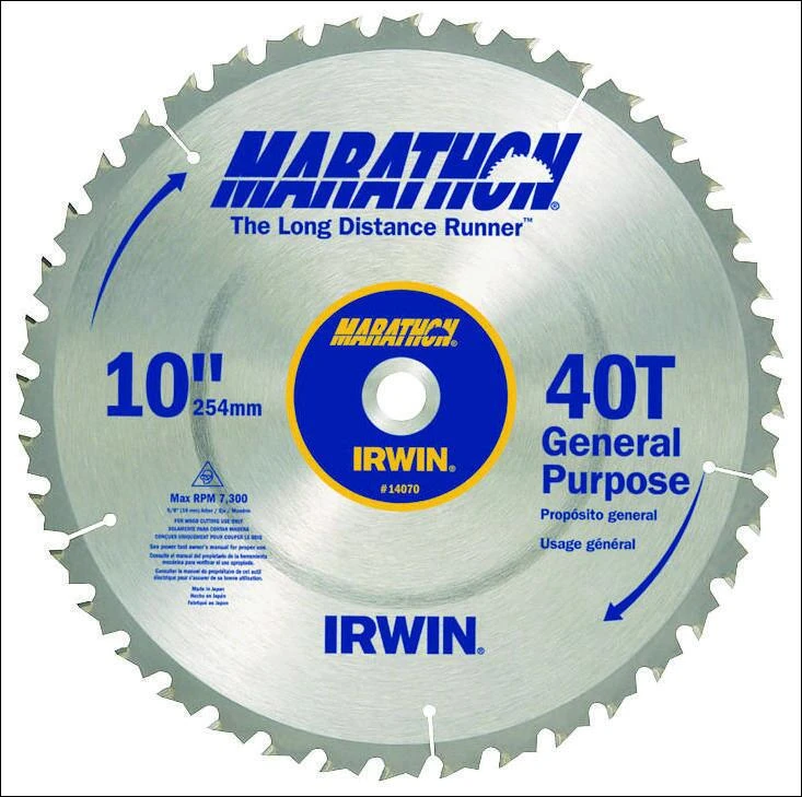 Irwin Marathon 14070 Table Saw Blade, 10 in Dia, 5/8 in Arbor, 40-Teeth, Carbide Cutting Edge