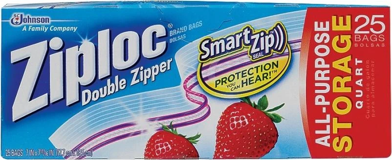 Ziploc 00330 Series Storage Bag, Zipper Closure, 7 in W, 7-7/16 in L, 1 qt Capacity, Plastic, 24/PK