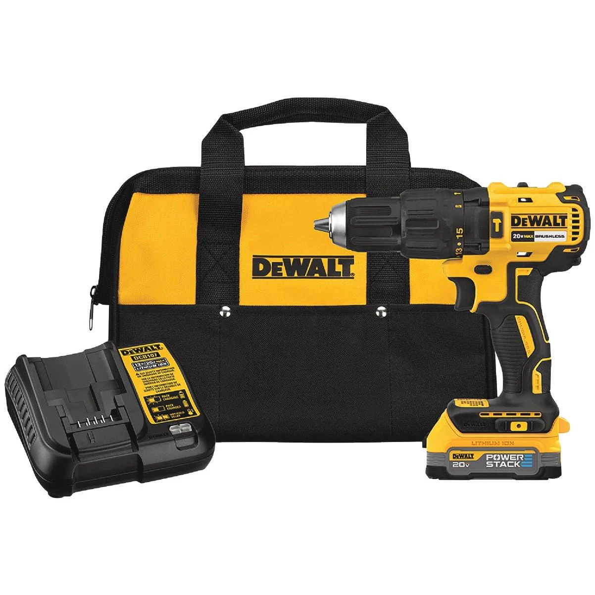DeWalt DEWALT 20V MAX Brushless 1 2 In. Compact Cordless Hammer Drill Kit with 1.7 Ah POWERSTACK Battery Charger Elitsac Inc