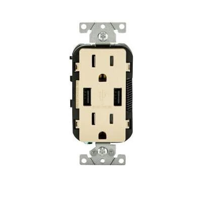 Leviton Decora 3.6A 5V Ivory 2-Port USB Charging Outlet with 5-15R Tamper Resistant Duplex Outlet