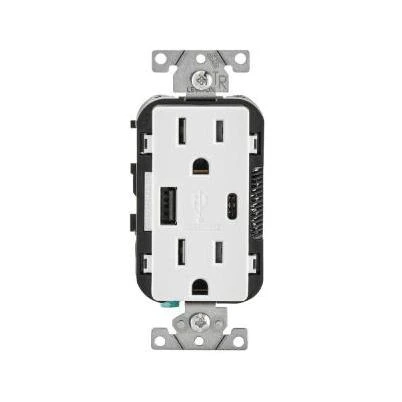 Leviton Decora 5.1A 5V White Type A/Type C USB Charging Outlet with 5-15R Tamper Resistant Duplex Outlet