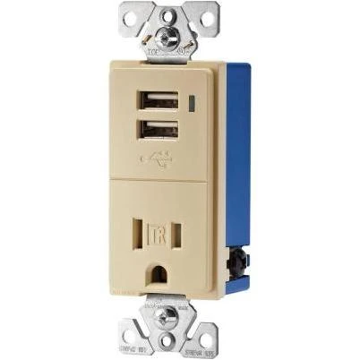 15 Amp 125-Volt Combination USB Charger with Tamper Resistant Receptacle, Ivory