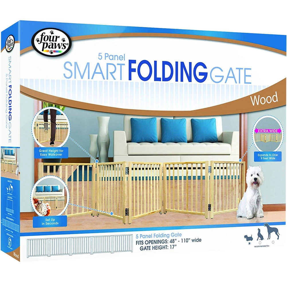 Five Panel Free Standing Wooden Pet Gate - Adjustable Width 48" To 110"
