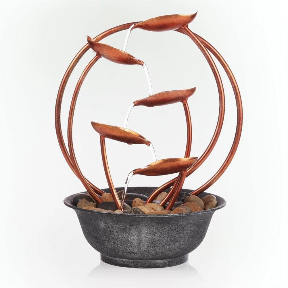 Alpine Corporation 13 in. H Indoor Multi-Tier Metal Leaf Tabletop Fountain with Stone-Filled Base