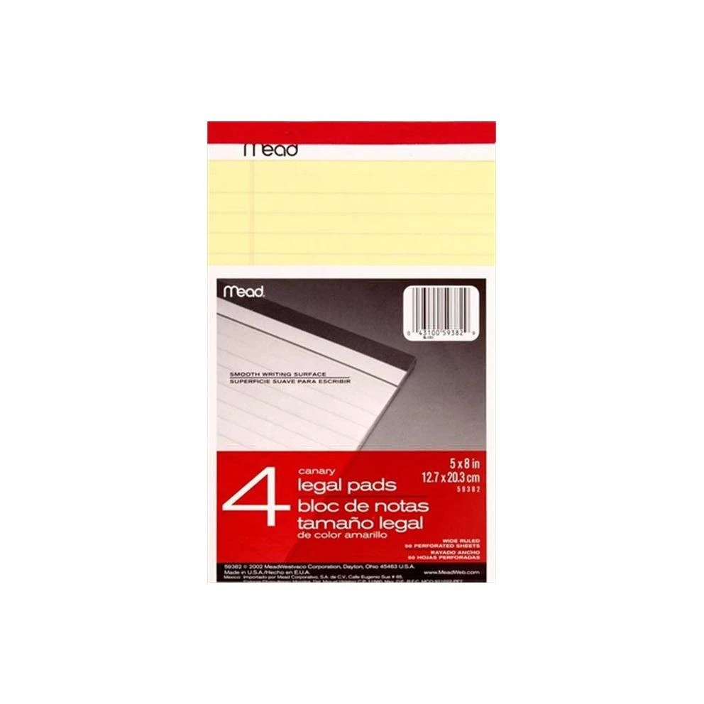 MEAD LEGAL PAD CANARY 5X8IN 4PK