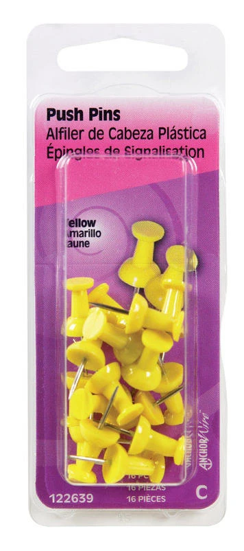 Hillman Yellow Push Pins 16 pk