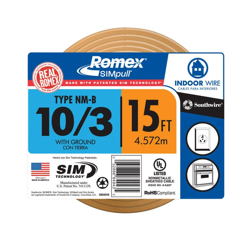 Southwire 15 ft. 10/3 Solid Romex Type NM-B WG Non-Metallic Wire