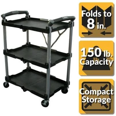 3-Shelf Collapsible 4-Wheeled Multi-Purpose Utility Cart in Black