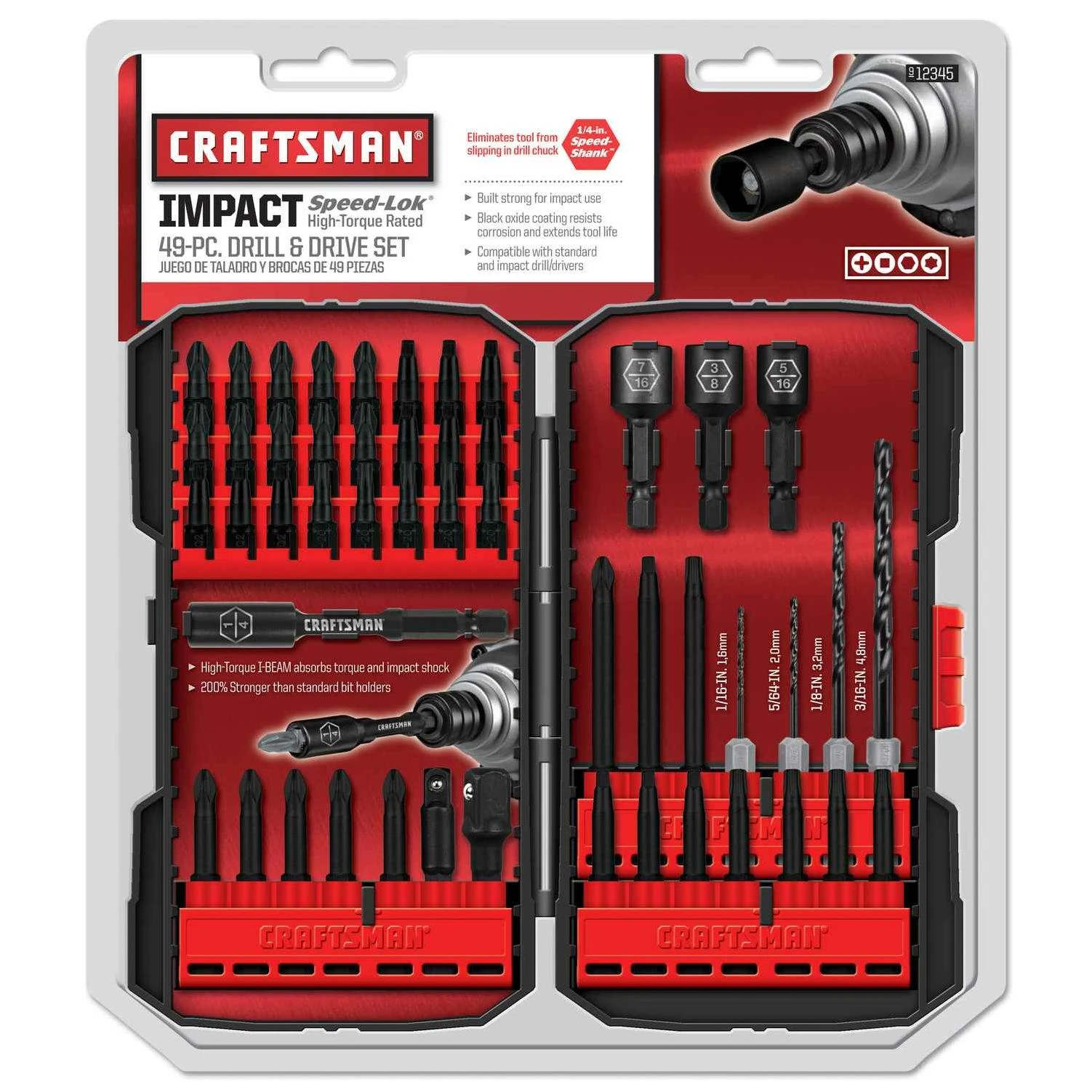 Craftsman Speed-Lok Multi Size Dia. x 1/4 inch L High Speed Steel Drill and Driver Bit Set Hex