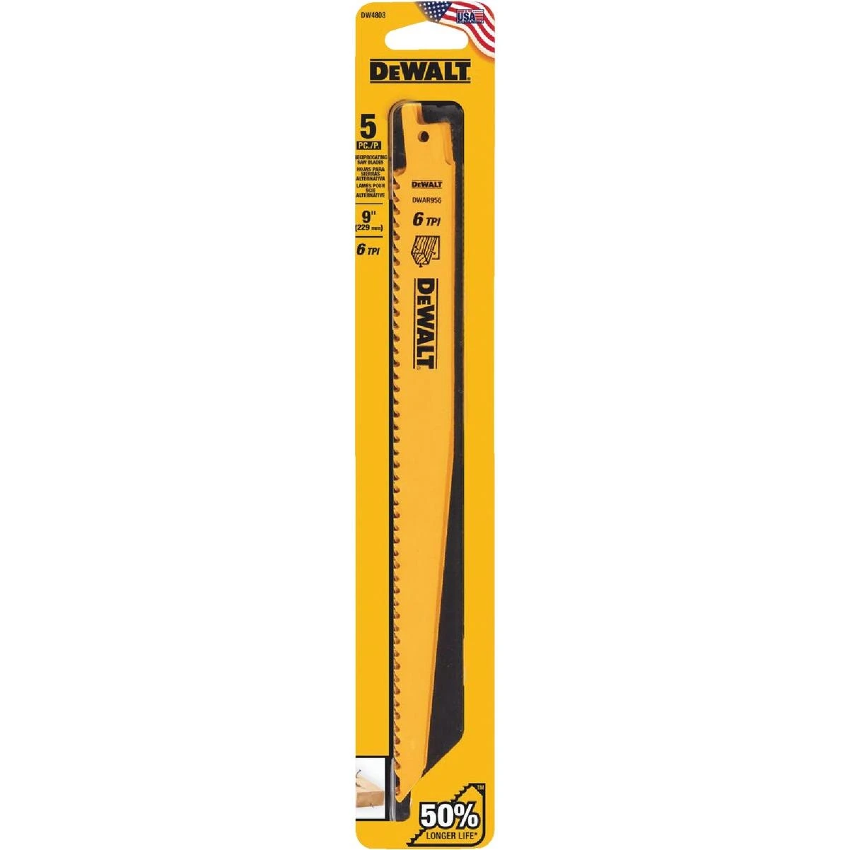 DEWALT 9 In. 6 TPI Taper Back Bi-Metal Reciprocating Saw Blade (5-Pack)