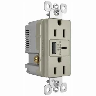 Pass and Seymour Duplex Electrical Outlet with Type A and Type C USB Charger, Nickel Finish, 6.0 Amp USB, 15 Amp Standard Outlet