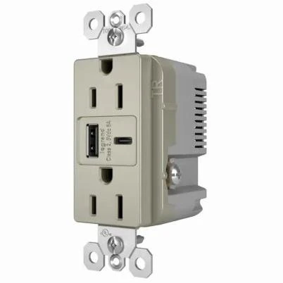 Pass and Seymour Duplex Electrical Outlet with Type A and Type C USB Charger, Nickel Finish, 6.0 Amp USB, 15 Amp Standard Outlet