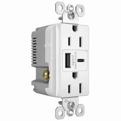 Pass and Seymour Duplex Electrical Outlet with Type A and Type C USB Charger, White, 6.0 Amp USB, 15 Amp Standard Outlet