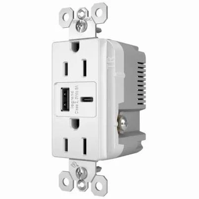 Pass and Seymour Duplex Electrical Outlet with Type A and Type C USB Charger, White, 6.0 Amp USB, 15 Amp Standard Outlet