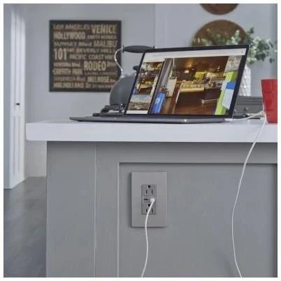 Pass and Seymour Duplex Electrical Outlet with Type C USB Charger, Nickel Finish, 6.0 Amp USB, 15 Amp Standard Outlet