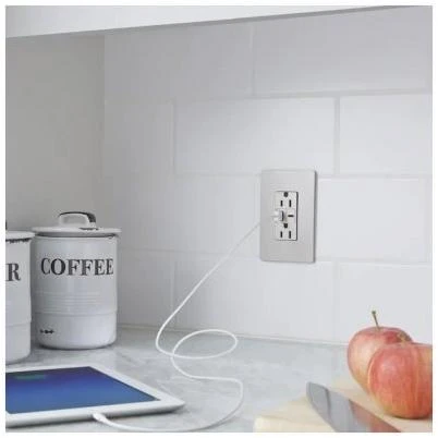 Pass and Seymour Duplex Electrical Outlet with Type A and Type C USB Charger, Nickel Finish, 6.0 Amp USB, 15 Amp Standard Outlet