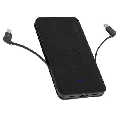 ChargeHubGO Plus Power Bank with Wireless Charging Pad, USB Charging Port, and Two Built-in Charging Cables