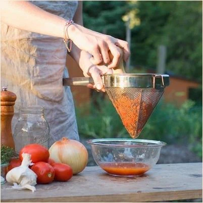 Stainless Steel Cone Strainer and Pestle Set with 2 Quart Capacity Removes Pulp and Skin