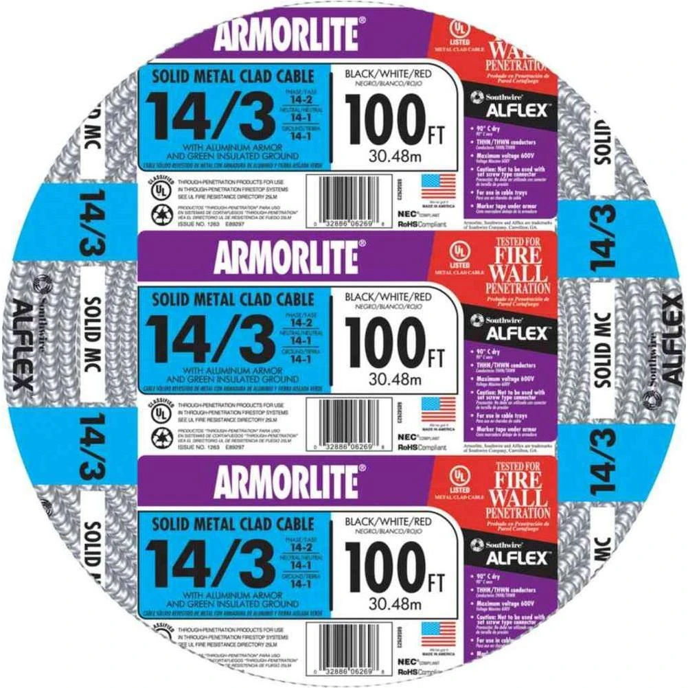 14/3 x 100 ft. Solid CU MC (Metal Clad) Armorlite Cable