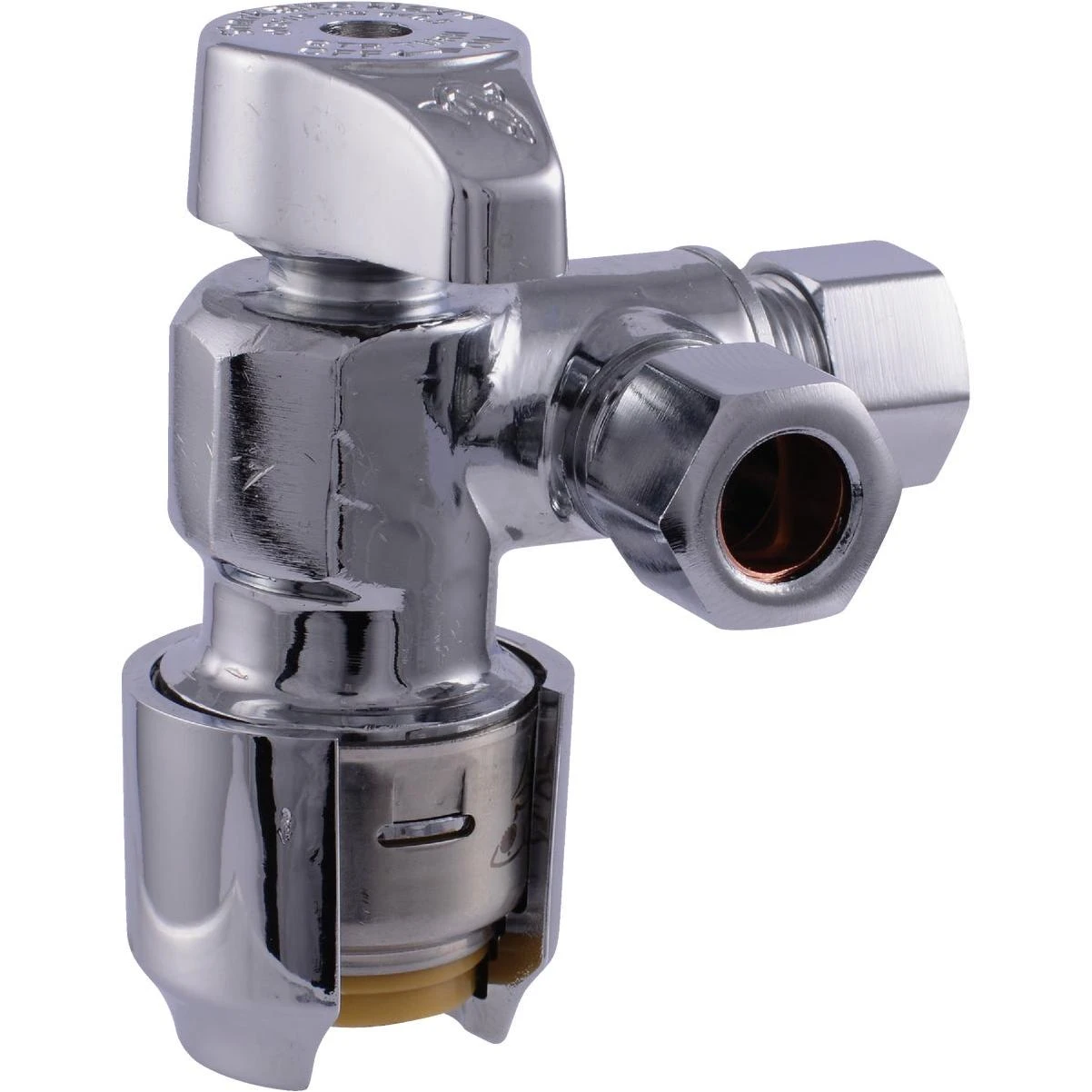 1/2 in. Push-to-Connect x 3/8 in. O.D. Compression Chrome-Plated Brass Quarter-Turn Angle Stop Valve 1/2 in. Push-to-Connect x 3/8 in. O.D. Compression Chrome-Plated Brass Quarter-Turn Angle Stop Valve
