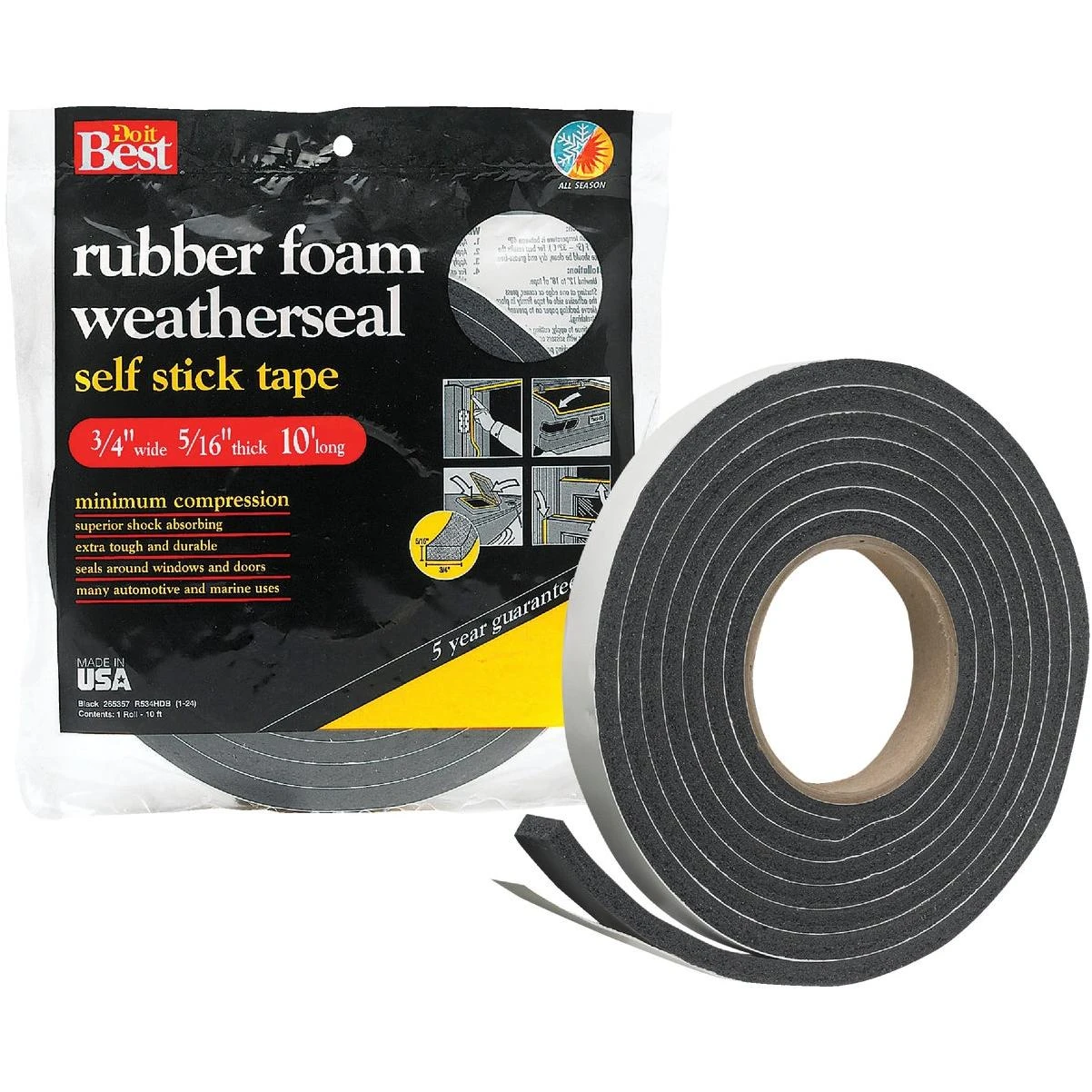 Do it Best 3/4 In. W x 5/16 In. T x 10 Ft. L Black Rubber Foam Weatherstrip Tape