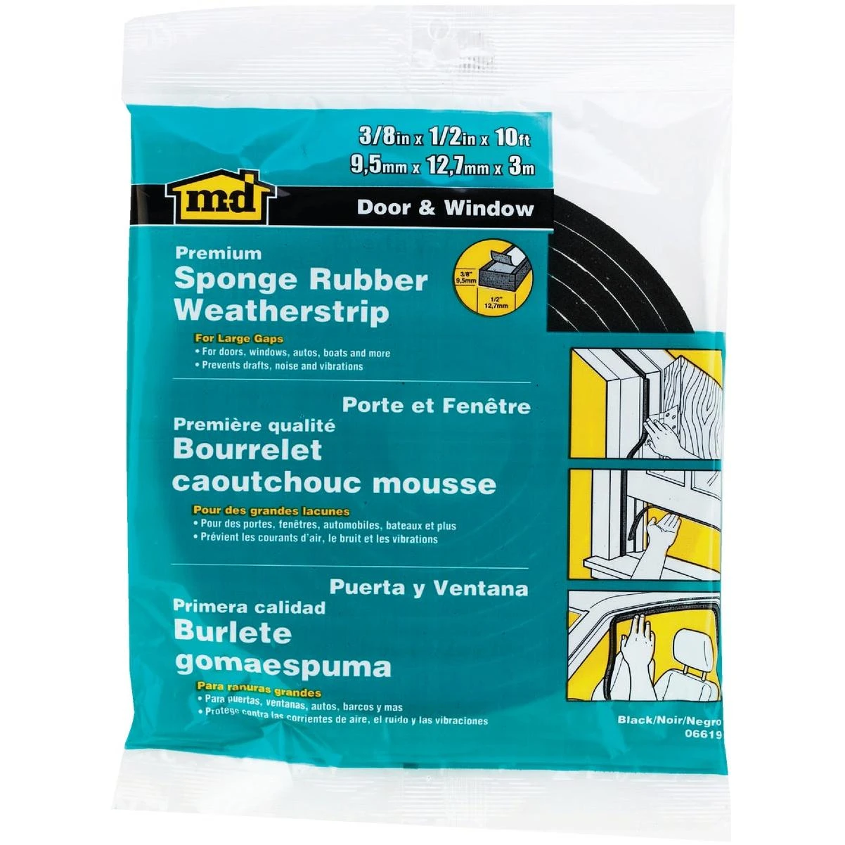 M-D Building Products 3/8 In. x 1/2 In. x 10 Ft. Black Sponge Window Seal for Large Gaps