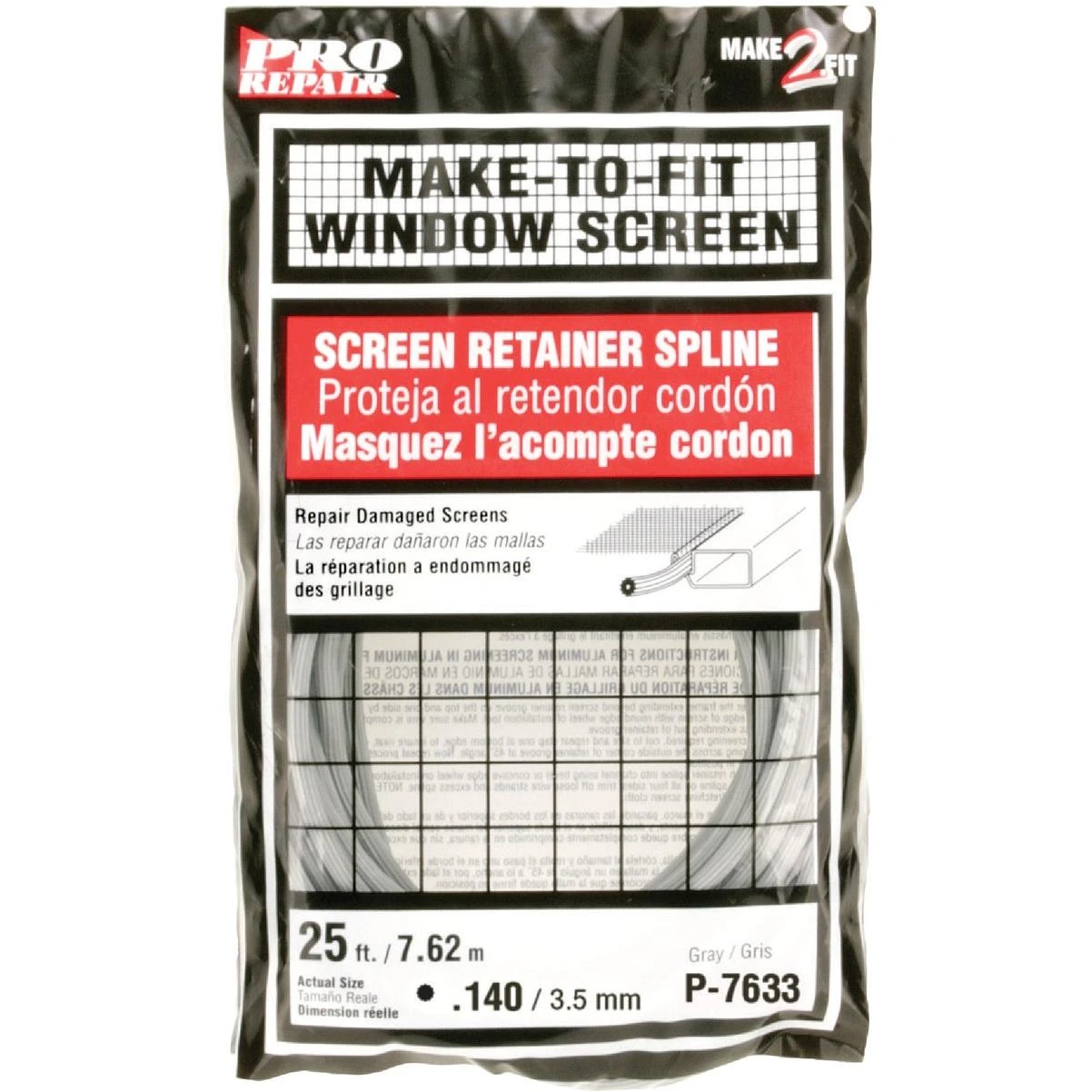 Prime-Line 0.140 In. Dia. x 25 Ft. L. Gray Vinyl Screen Retainer Spline