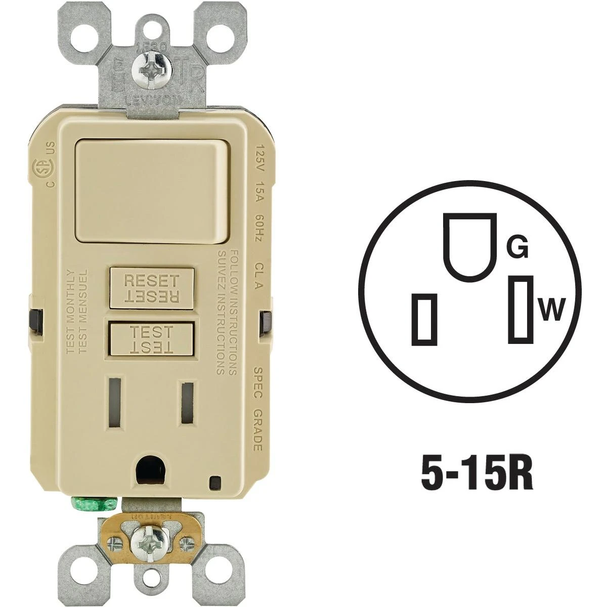 Leviton Ivory 15A Self-Test Tamper Resistant GFCI Switch & Outlet Combination With Wallplate