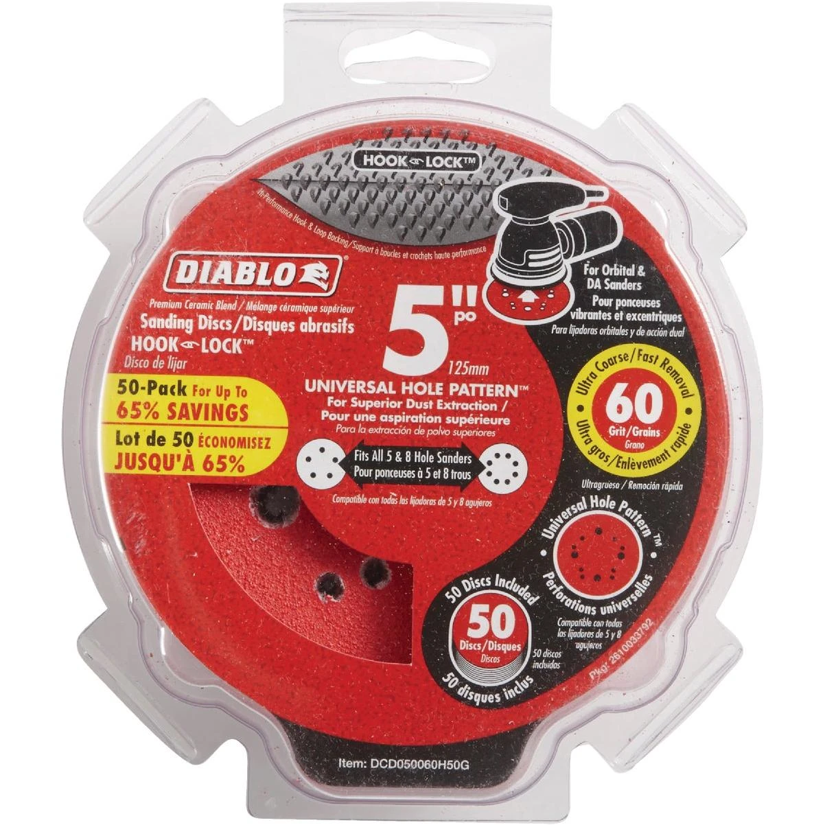 Diablo 5 In. 60-Grit Universal Hole Pattern Vented Sanding Disc with Hook and Lock Backing (50-Pack)