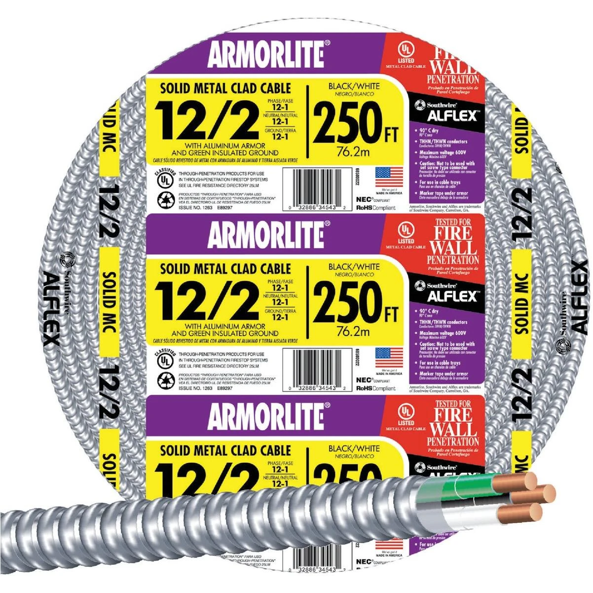 Southwire 250 Ft. 12/2 MC Armored Cable Electrical Wire