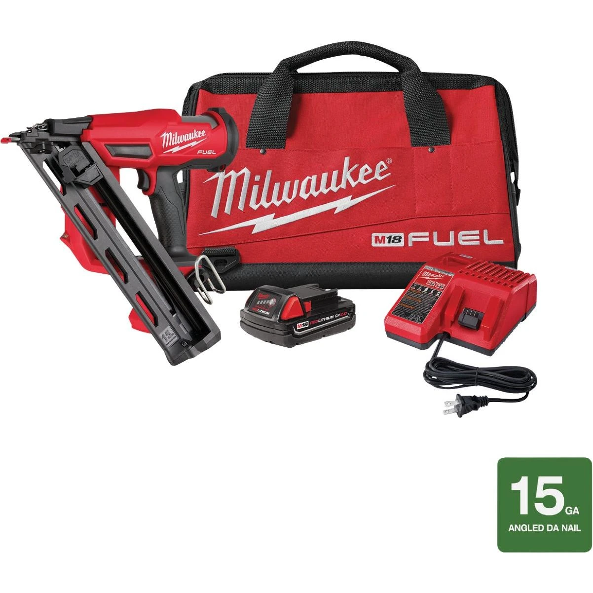 Milwaukee M18 FUEL Brushless 15 Gauge 2 1 2 In. Angled Cordless Finish Nailer Kit with 2.0 Ah Battery Charger Grass Valley