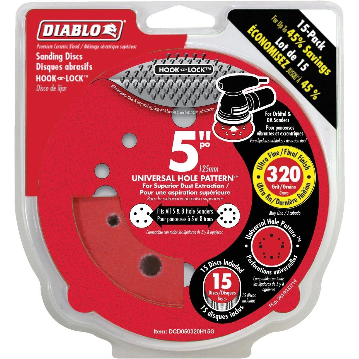 Diablo 5 In. 320-Grit Universal 12-Hole Vented Sanding Disc with Hook and Lock Backing (15-Pack)