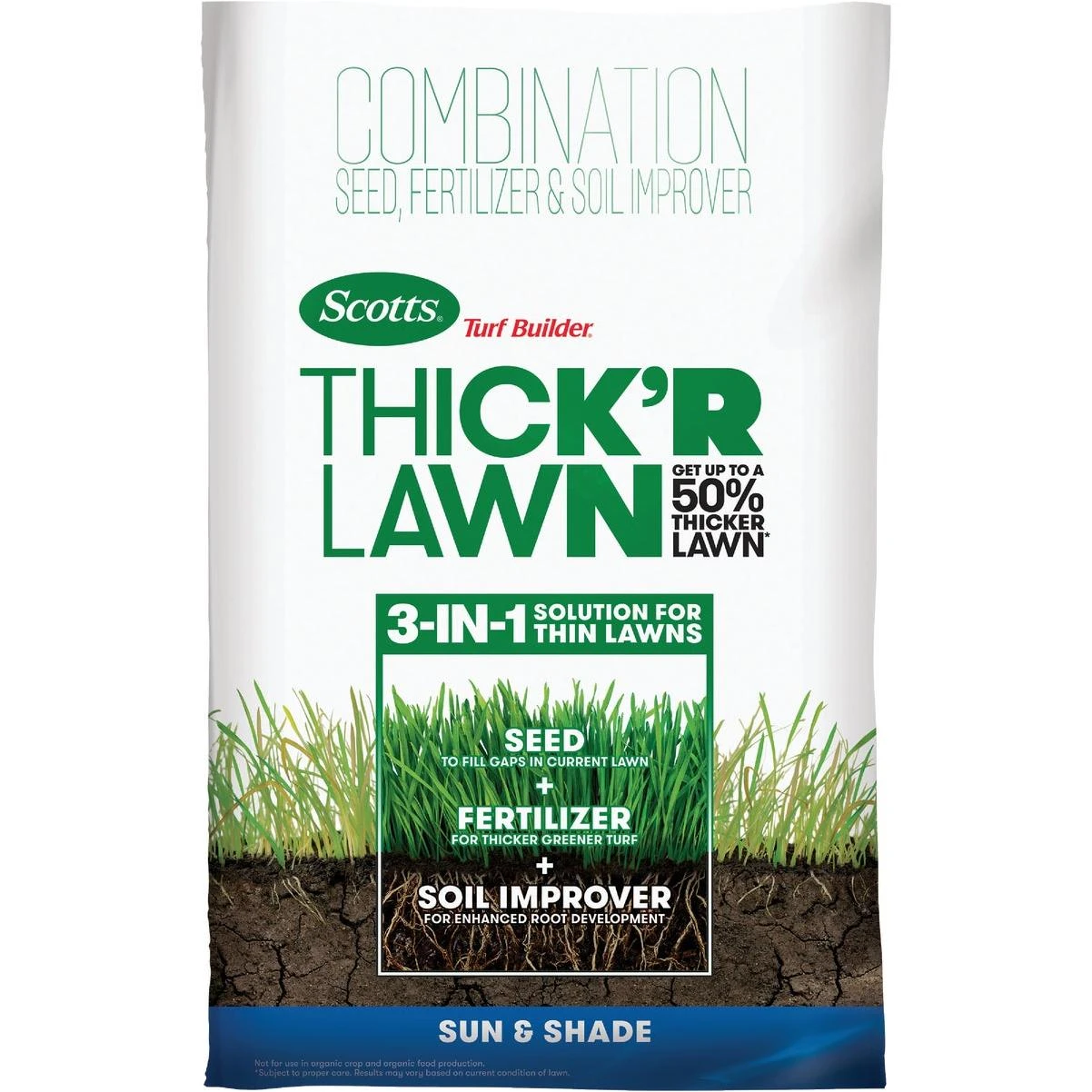 Scotts Turf Builder Thick'R Lawn 12 Lb. 1200 Sq. Ft. Sun & Shade Grass Seed, Fertilizer, and Soil Improver Combination