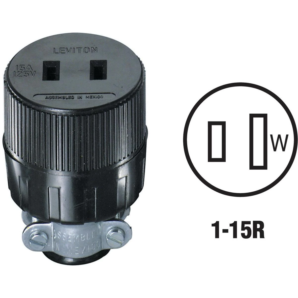 15a 125v 2-wire 2-pole Round Cord Connector, Model 001-612, Black
