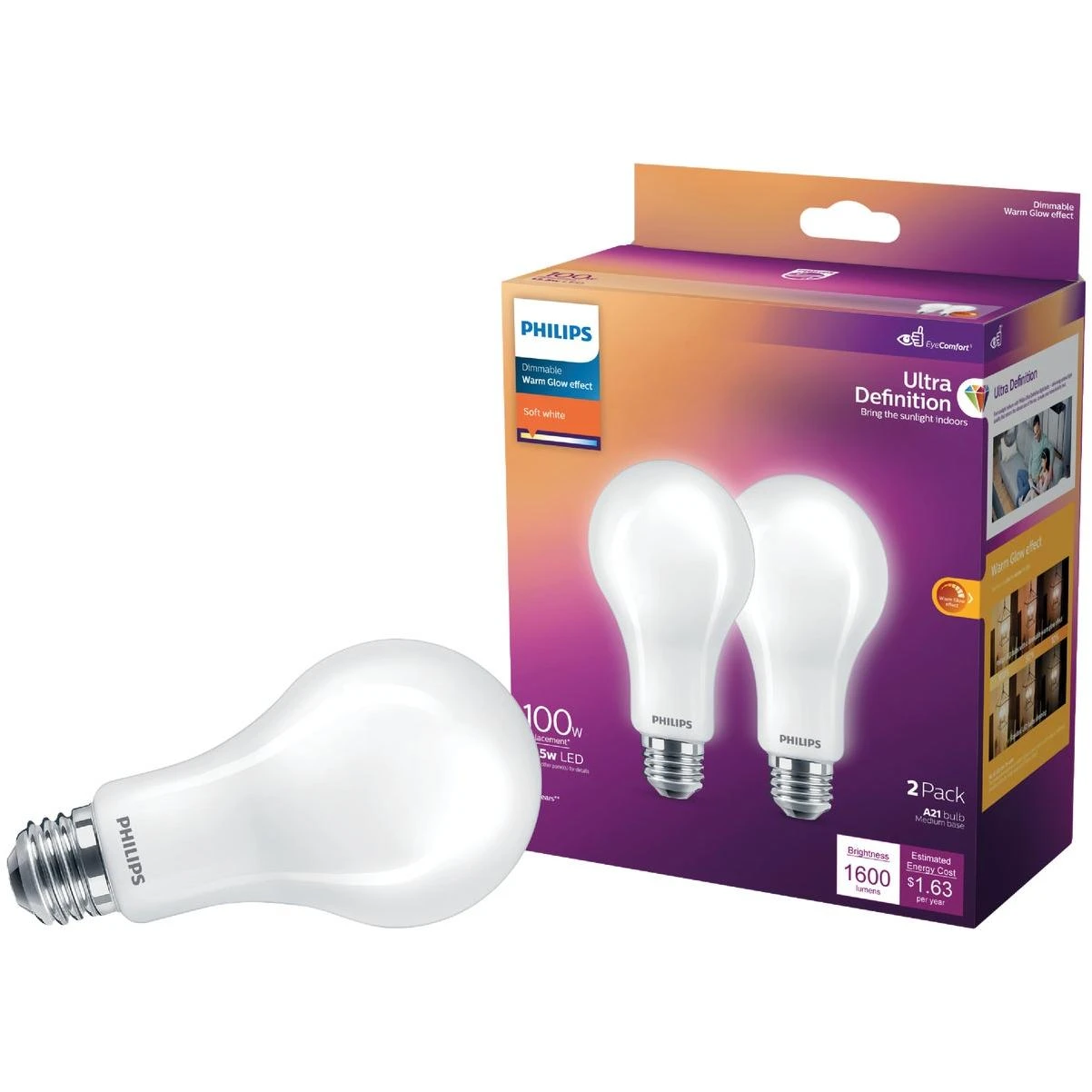 Philips Ultra Definition Warm Glow 100W Equivalent Soft White A19 Medium LED Light Bulb (2-Pack)
