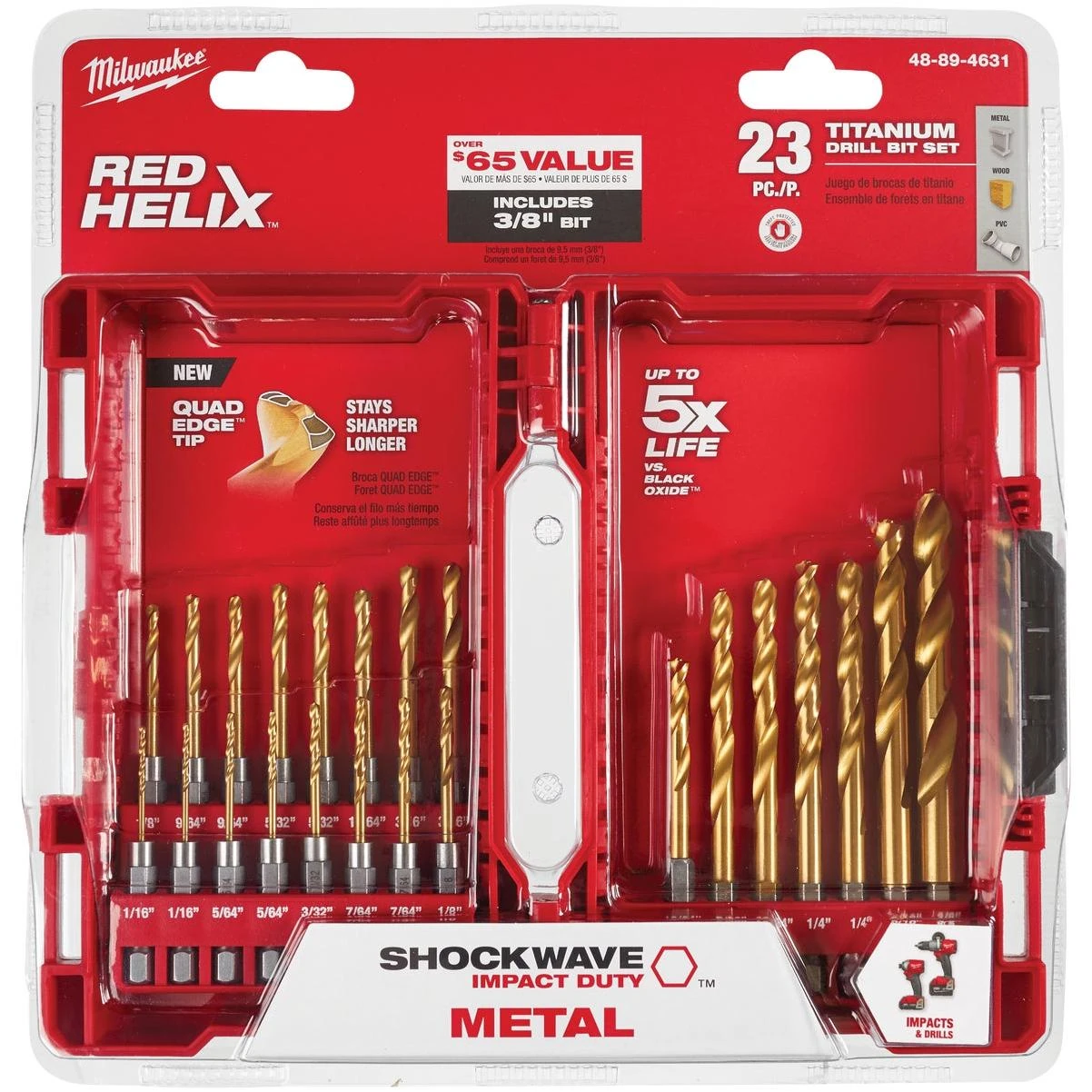 Milwaukee SHOCKWAVE 23-Piece Impact Duty Titanium Hex Shank Drill Bit Set, 1/16 In. thru 3/8 In.