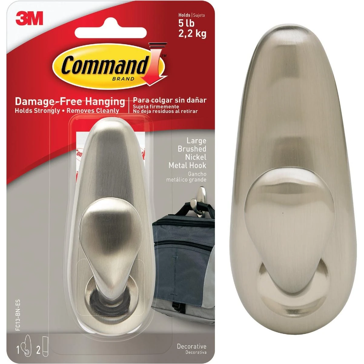 Command Large Forever Classic Hook, Brushed Nickel, 1 Hook, 2 Strips