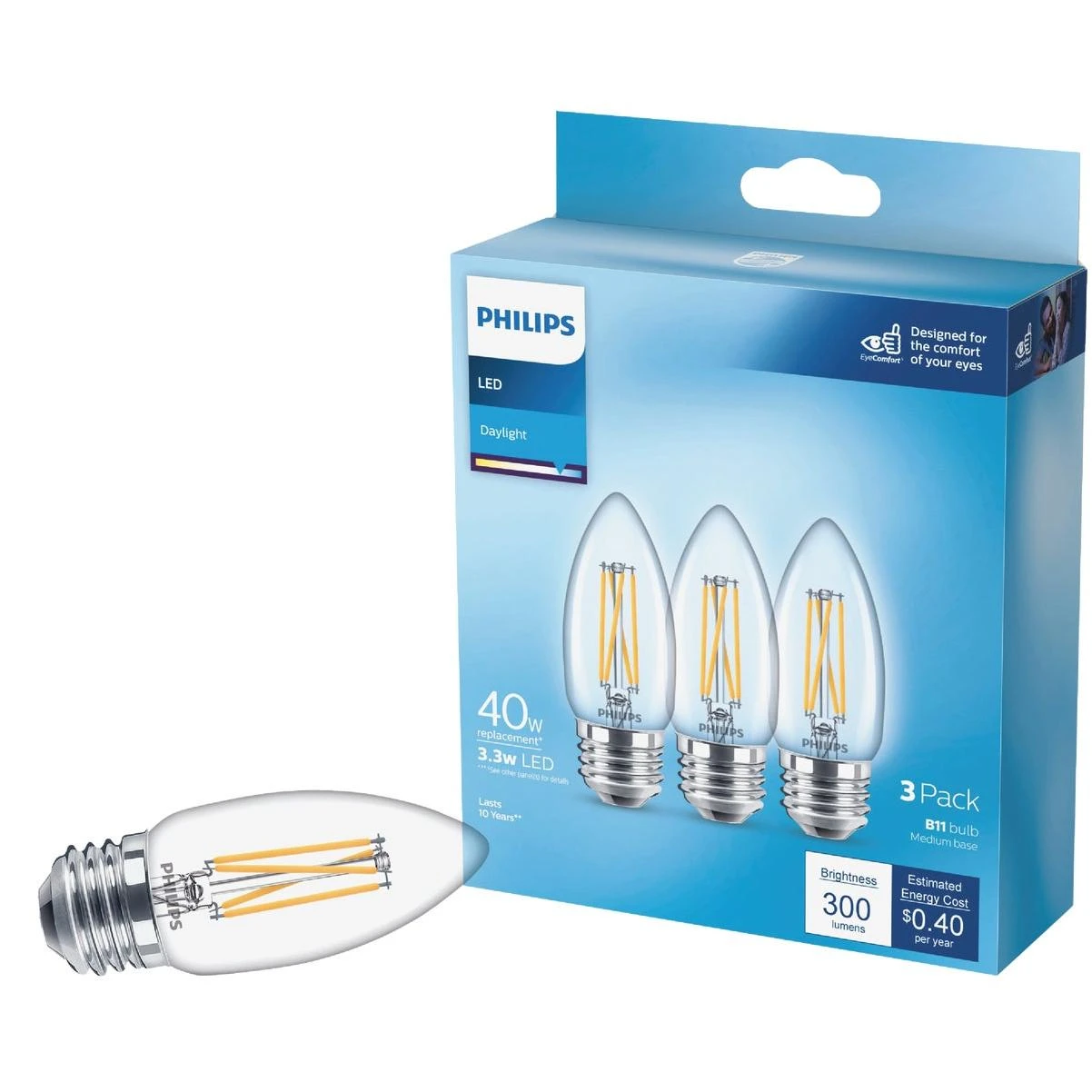 Philips 40W Equivalent Daylight B11 Medium Clear LED Decorative Light Bulb (3-Pack)