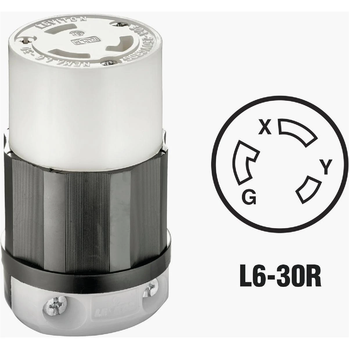 Leviton 30A 250V 3-Wire 2-Pole Industrial Grade L6-30R Locking Cord Connector