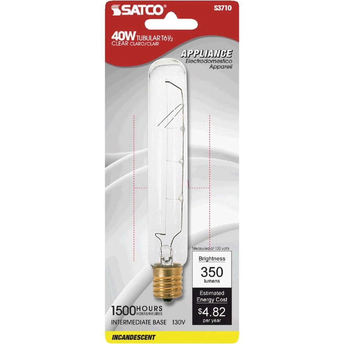 Satco 40W Clear Intermediate Base T6.5 Incandescent Tubular Appliance Light Bulb