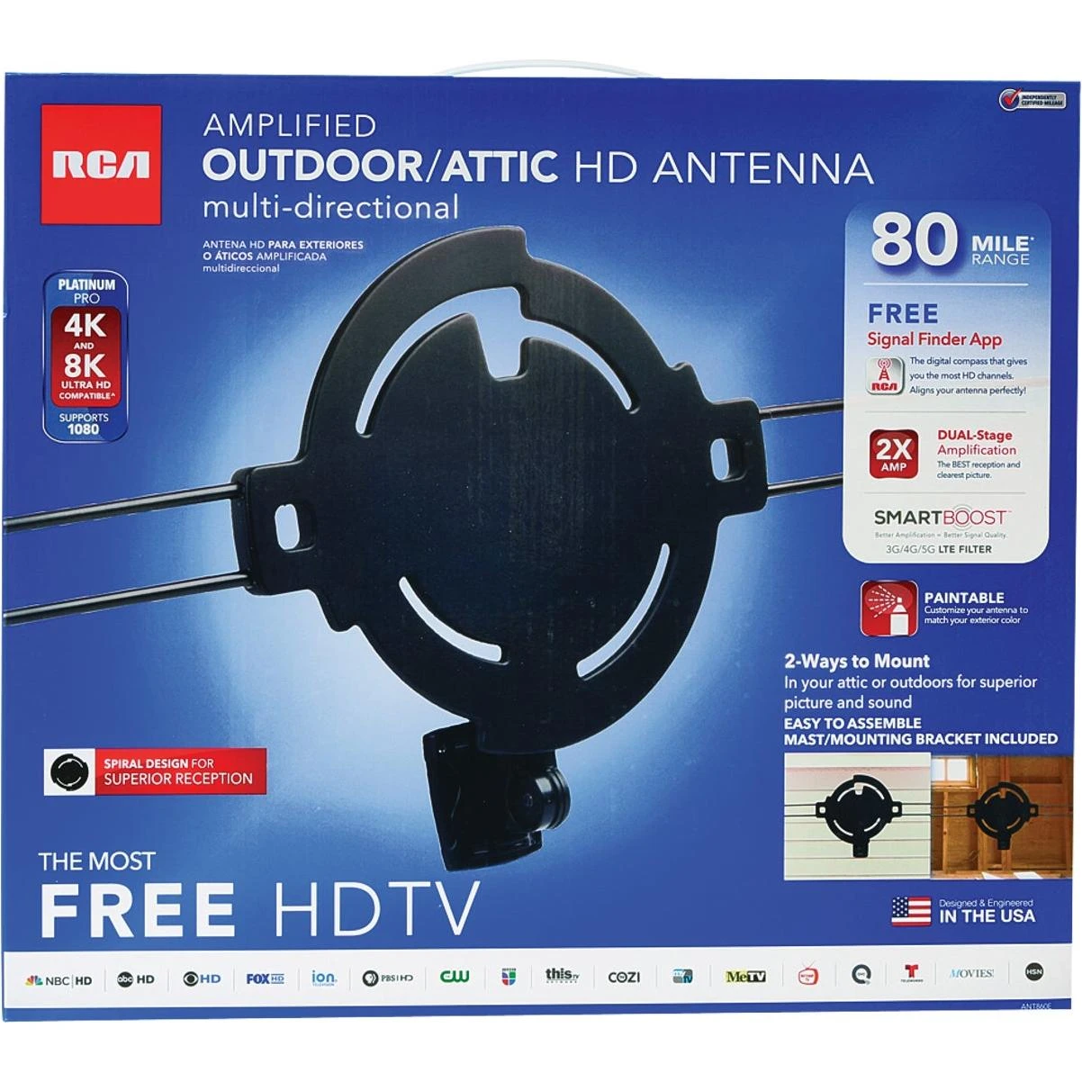 RCA Amplified Black Outdoor/Attic HD Multi-Directional Antenna