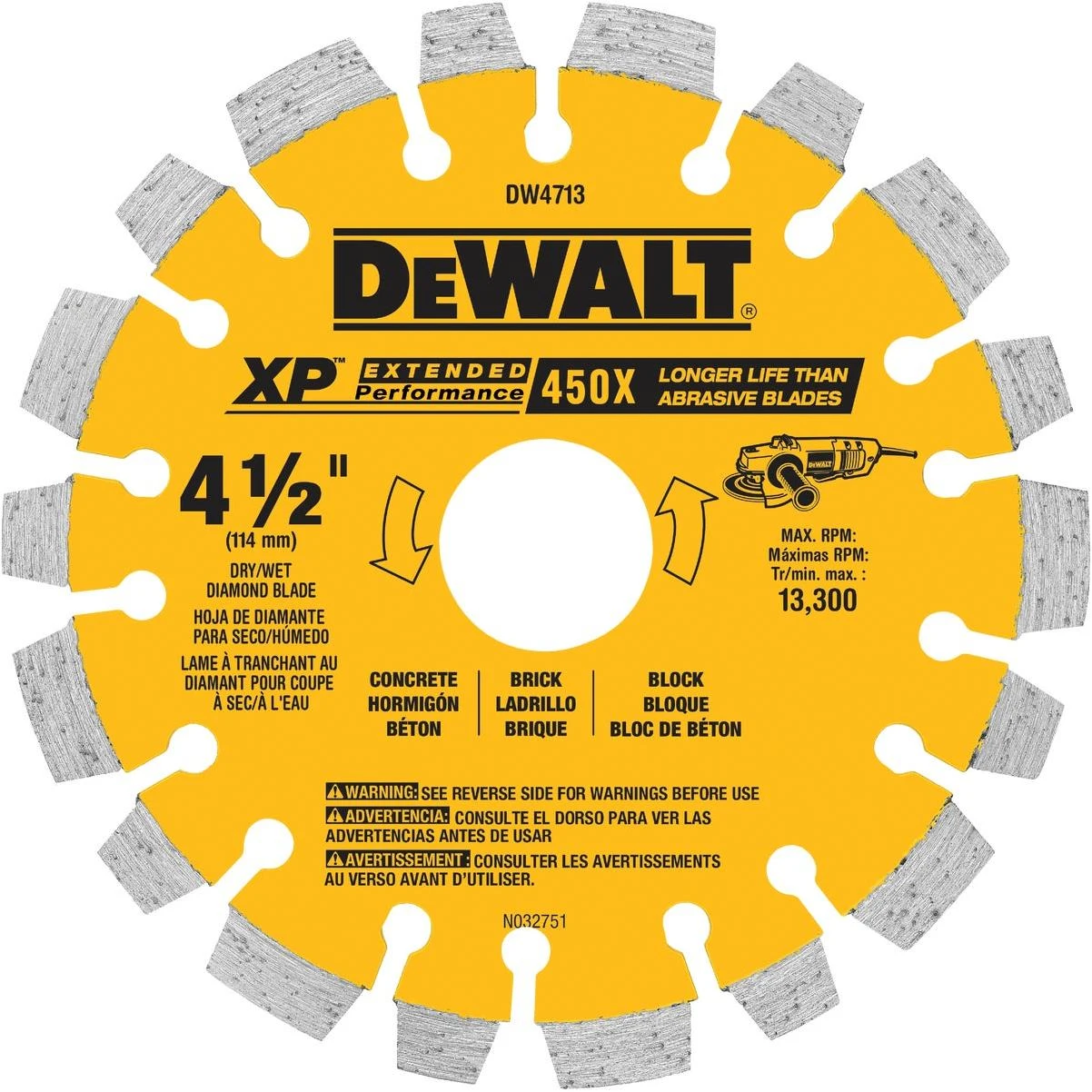 DEWALT Extended Performance 4-1/2 In. Segmented Rim Dry/Wet Cut Diamond Blade