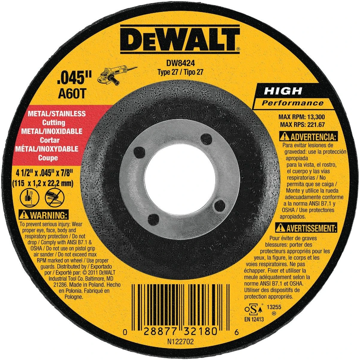 DEWALT HP Type 27 4-1/2 In. x 0.045 In. x 7/8 In. Metal/Stainless Cut-Off Wheel